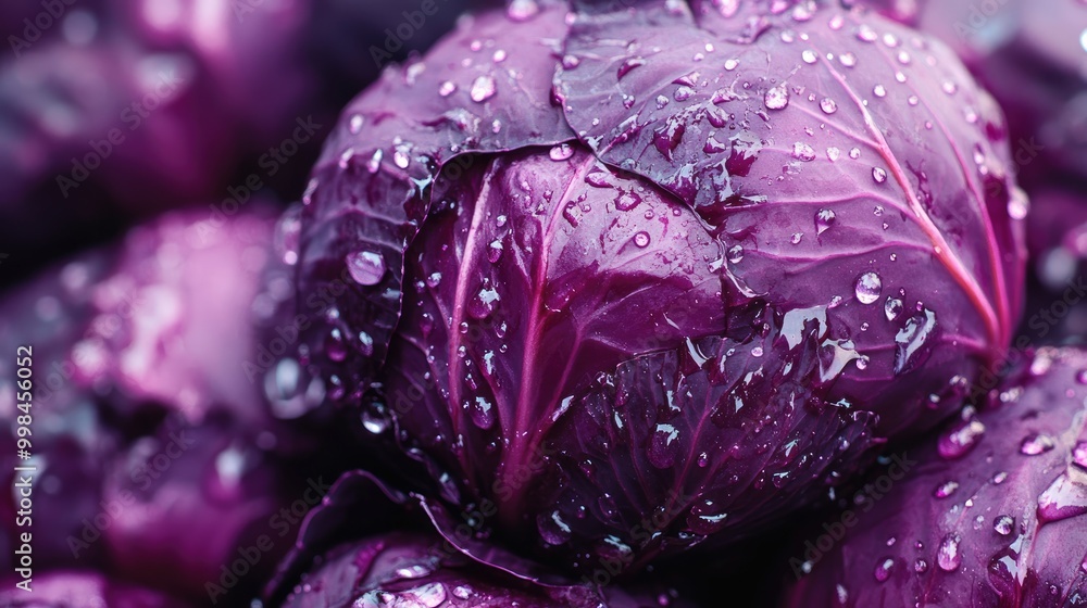 Poster Fresh red cabbage stacked together, covered in water droplets, glistening under soft light with vibrant purple hues.