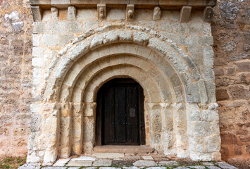 Romanesque portal of the 13th century Romanesque hermitage of Sotresgudo. Burgos, Castile and Leon, Spain.