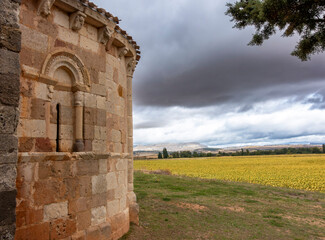 Apse of the 13th century hermitage of San Cristobal and a beautiful landscape. Sotresgudo, Burgos, Spain. © Nandi Estévez