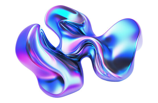 Iridescent abstract fluid shape transparent image. Vibrant flowing form in metallic shades isolated cutout 3d render. Futuristic digital sculpture cut out clipart design element png