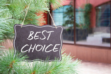 Best choice symbol. Blackboard with words Best choice. Beautiful background with shop and tree....
