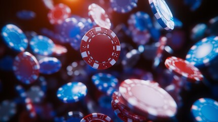 poker chips flying through the air in a casino setting. The dramatic lighting highlights the excitement and intensity of the game as chips scatter across the gambling table.