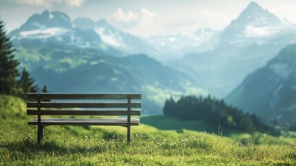 Wooden bench overlooking a tranquil mountain landscape with lush green valleys and distant peaks under a soft, cloudy sky. Peaceful, serene outdoor scene. AI generative.