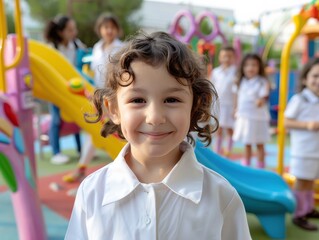 Smiling child at colorful playground with friends