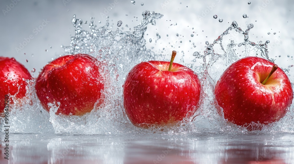 Poster red apples crashing into a pool of water, creating a splash with droplets scattering across a white 