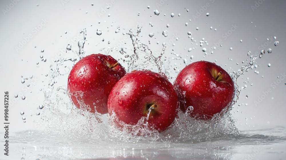 Poster red apples crashing into a pool of water, creating a splash with droplets scattering across a white 