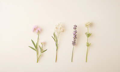 Fototapeta premium Wildflowers Displayed in a Delicate Arrangement Against a Light Pastel Backdrop