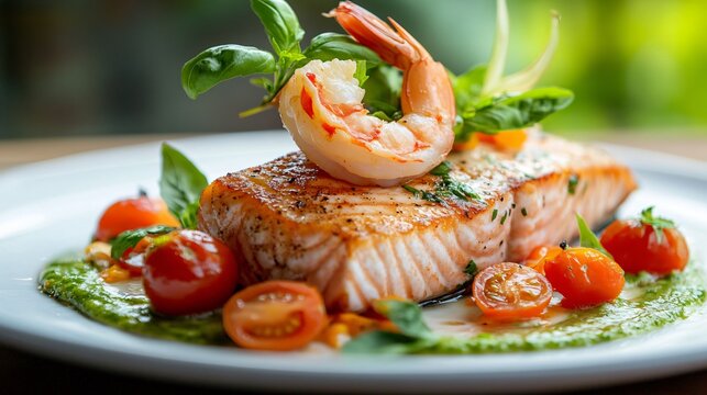 A beautifully plated dish featuring salmon, prawns, cherry tomatoes, and fresh basil drizzled with a vibrant sauce.