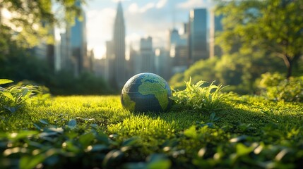 A globe sits on a grassy lawn with a city skyline in the background, representing a sustainable and green future.