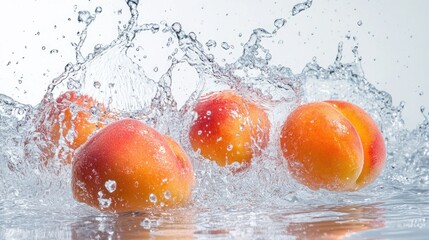 Several ripe orange peaches splashing into water, droplets scattering across a bright white background.
