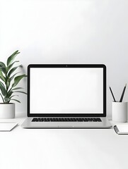 Fototapeta premium Minimalist Corporate Workspace with Laptop Mobile Device and Stationery on Clean White Surface