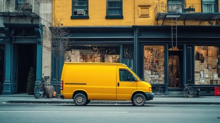 Fototapeta premium Yellow van delivering posts and packages on a city street, parked beside a sidewalk filled with urban activity.