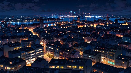 Fototapeta premium A night view of a city with brightly lit windows and streetlights glowing