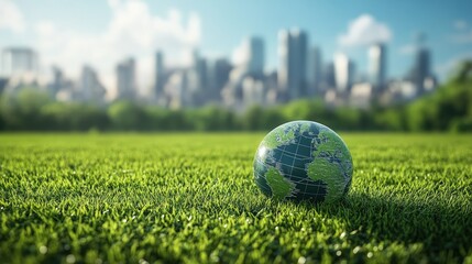 A miniature globe sits on a grassy field with a city skyline in the background.