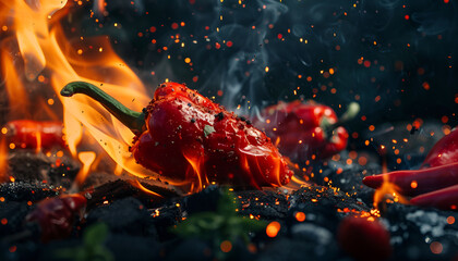 Spicy red pepper roasted on fire. Creative photo of hot jalapeño on fire for packaging and advertising