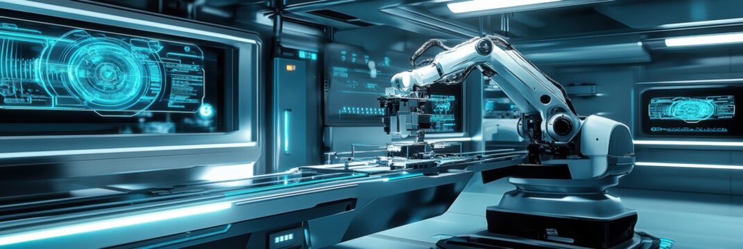 In a sleek, futuristic lab, a robotic arm meticulously assembles complex machinery while surrounded by vibrant holograms. Generative AI - Powered by Adobe
