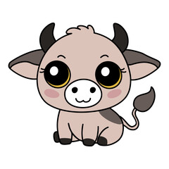 Obraz premium Zodiac Chinese ox animal of New Year sign icon. Asian kawaii cute style isolated illustration of mascot cow. Adorable beige calf with big eyes sitting and smiling on the white background.