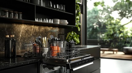 Open built-in dishwasher machine with clean cutlery, dishes, plates in white modern kitchen. front view