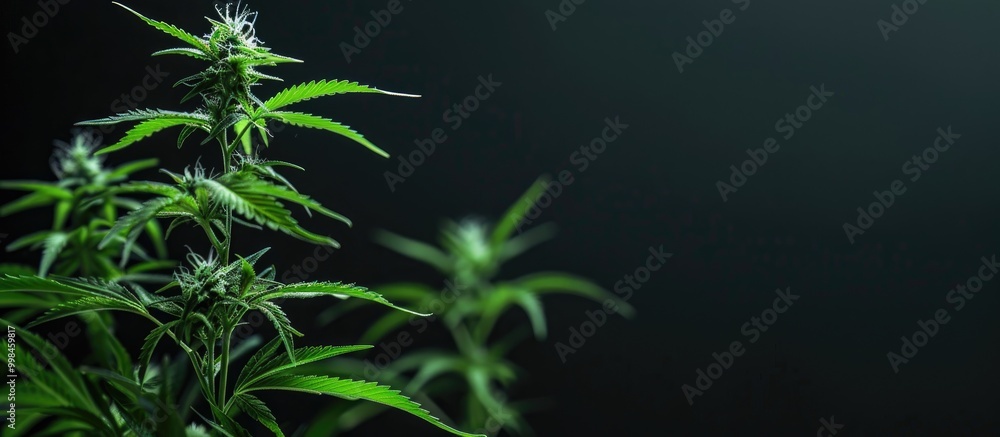 Sticker Growing Cultivation Of Medical Hemp Cannabis Marihuana With Trichomes On Black Isolated Background