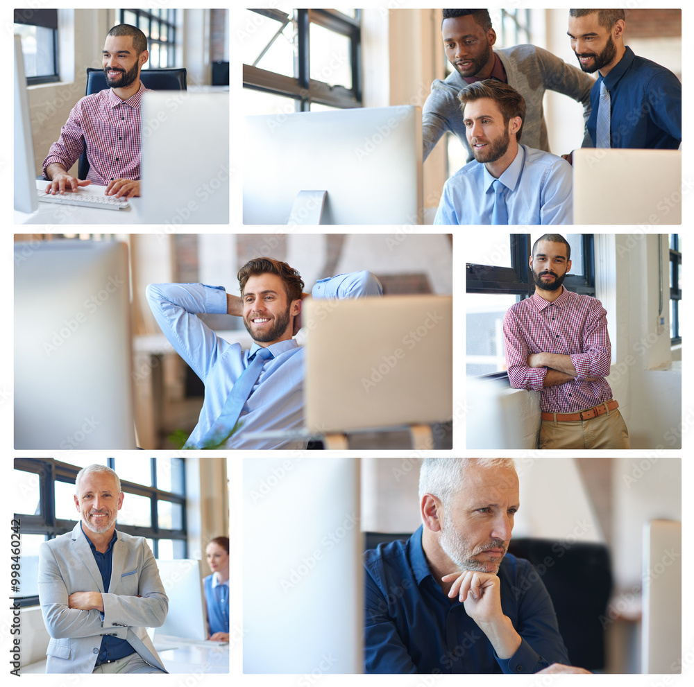 Aufkleber collage, office and portrait of business men with computer in meeting, discussion and brainstorming.