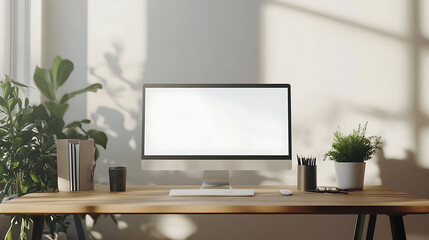 Modern home office workspace with a computer monitor, potted plants, and minimalist decor in natural light.