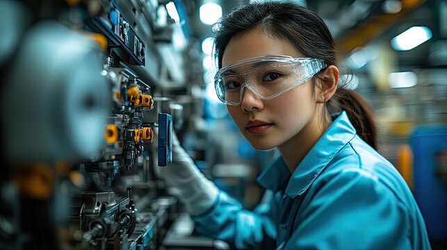 Asian workers operate in a technology production factory, utilizing advanced industrial machinery.