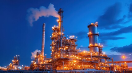 Obraz premium Night view of a sugar refinery illuminated by lights, sugar industry, night production