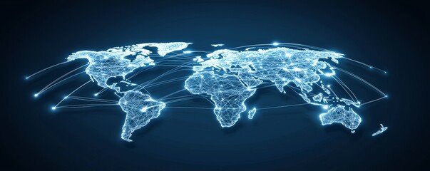 A futuristic depiction of the world as a glowing blue grid, with light trails linking cities across continents, symbolizing global connectivity.