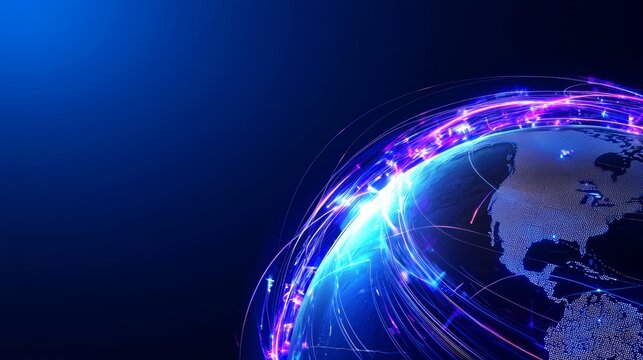 A futuristic globe with interconnected light paths, representing global networks, technology, and the Internet of Things (IoT).