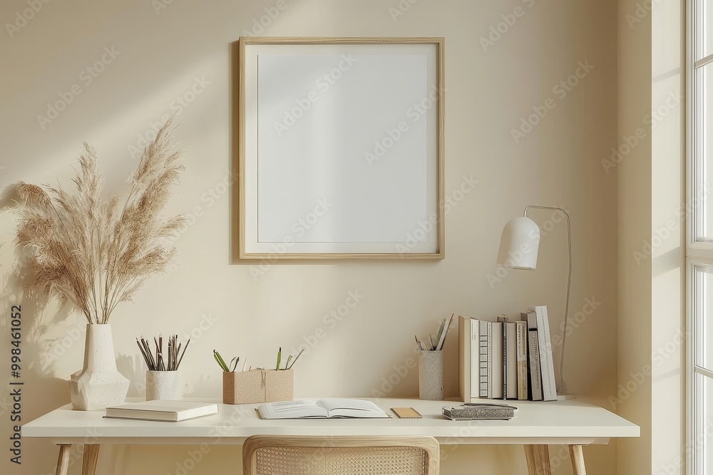 Poster a frame with a blank space against a modern workspace