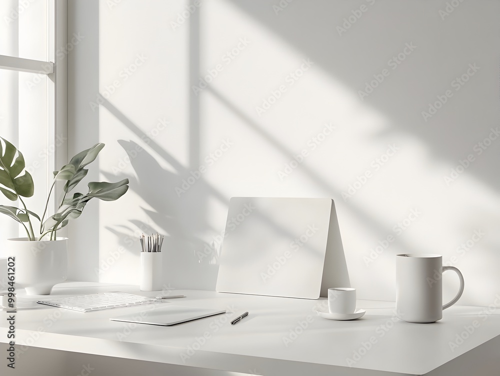 Aufkleber minimalist workspace with clean white desk and neatly arranged templates and visual assets