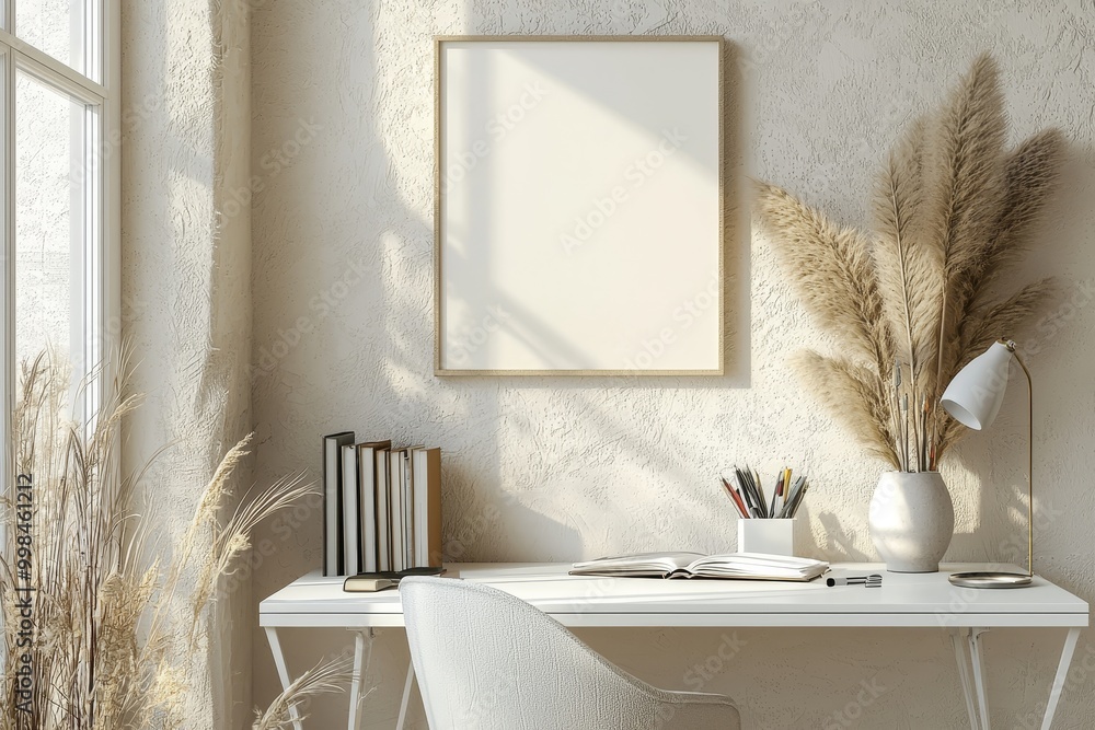 Poster modern workspace against a frame with an empty space