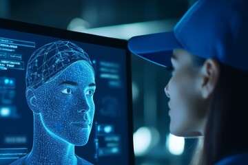 Obraz premium Deep fake. AI stock video editing technology. Face of a person in an editor. Machine learning concept. Fake picture swap.