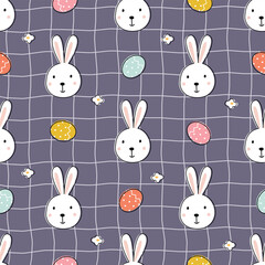 A playful pattern featuring cute bunnies and colorful Easter eggs on a grid background, perfect for festive designs.