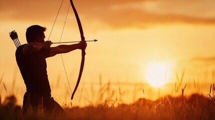 Archer aiming bow at sunset in field