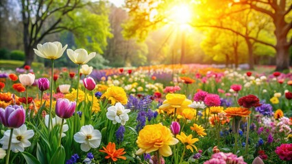 Obraz premium Beautiful blooming flowers in a spring garden, blossoms, blooming, springtime, season, growth, fresh, nature, colorful, sunny