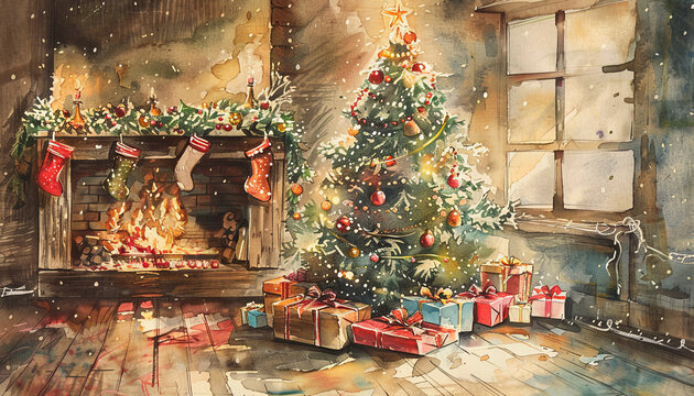 Vintage watercolor Christmas tree in a cozy Christmas room, AI Generated
