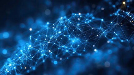 Connected dots and lines against blue symbolize technology networks and communication in an abstract form.