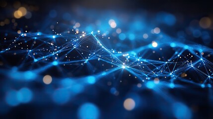 Connected dots and lines against blue symbolize technology networks and communication in an abstract form.