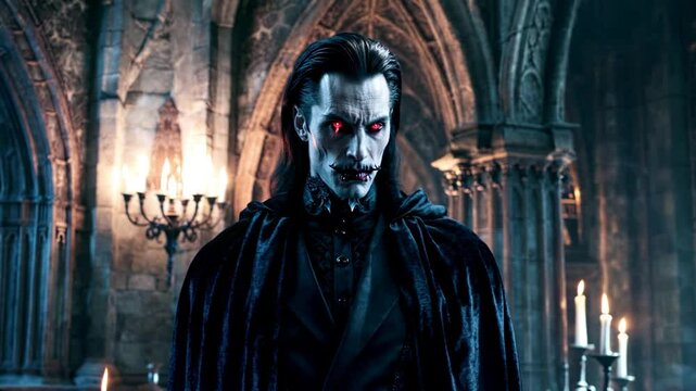 Dark and Sinister Halloween Vampire in Gothic Castle with Red Glowing Eyes