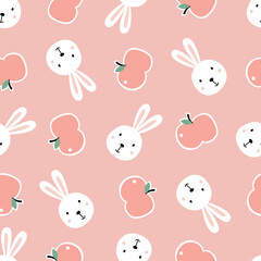 A playful, pastel pattern featuring cute rabbits and apples on a soft pink background, perfect for children’s decor or playful designs.