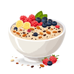Vector cartoon illustration of a oatmeal breakfast bowl of porridge with banana pieces, berries and nuts and chia seeds isolated on white background. 