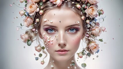 Mujer joven, hermosa, estilo vintage, mirada perdida, llena de sueños. Su cabeza rodeada de rosas 