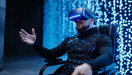 A man in a wheelchair immersed in a virtual meeting via VR, his hands outstretched as he interacts with virtual elements during the call.