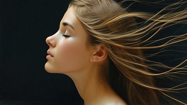 Mujer rubia de perfil, con los ojos cerrados, como imaginando. 