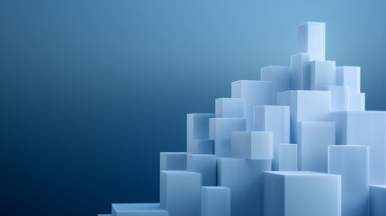 A minimalist city skyline with tall, geometric buildings made from pixel-like squares, transitioning from dark blue at the base to bright white at the top.