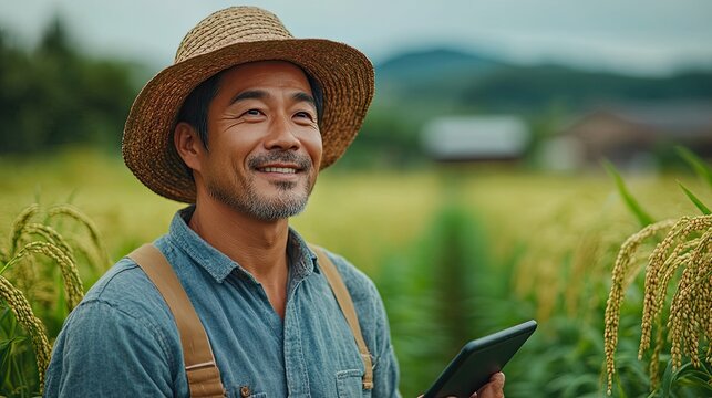 In a modern rice field, an Asian farmer uses a tablet with a smart hologram screen, diagnosing and tracking plant health through advanced agricultural engineering.