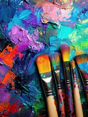 A colorful palette filled with bright paint splashes showcases paintbrushes poised for an artistic endeavor on the canvas. Generative AI