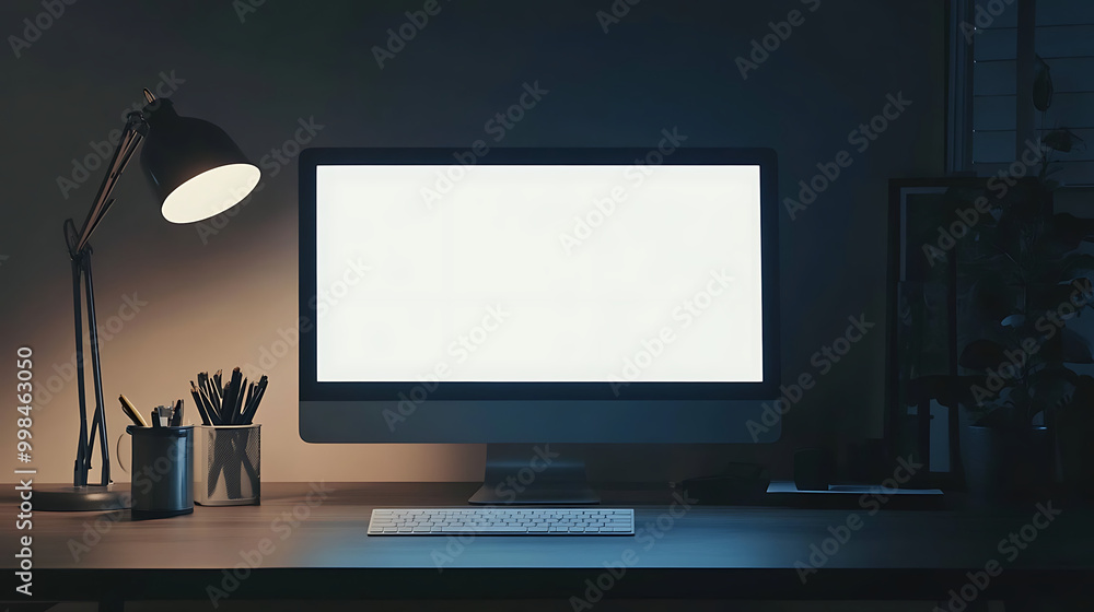 Poster modern workspace with desktop computer, keyboard, and desk lamp in a dimly lit room. the computer sc