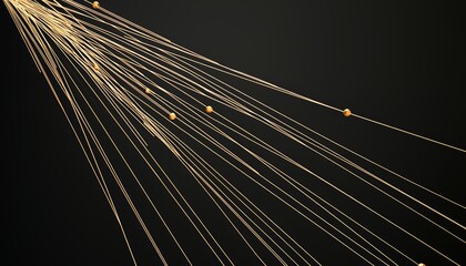 Obraz premium A minimalistic abstract design with golden orbs radiating light, connected by thin geometric lines, on a deep, dark background.